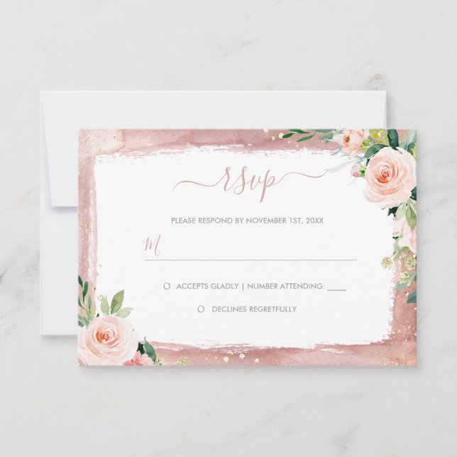 Blush Floral & Border Elegant Enchanted Wedding RSVP Card (Front)