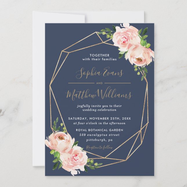 Blush Floral Botanical Gold Geometric Navy Wedding Invitation (Front)