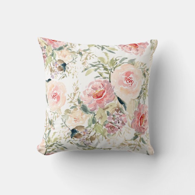 Blush floral botanical watercolor throw pillow (Front)