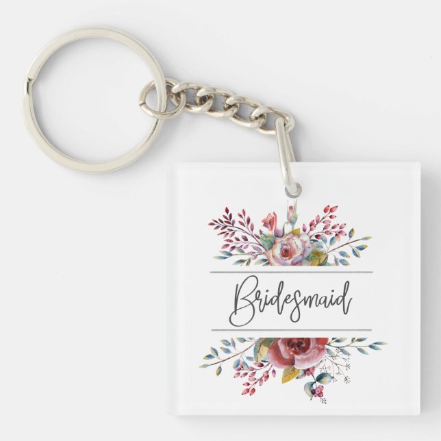 Blush Floral Bouquet Bridesmaid Square Keychain (Front)