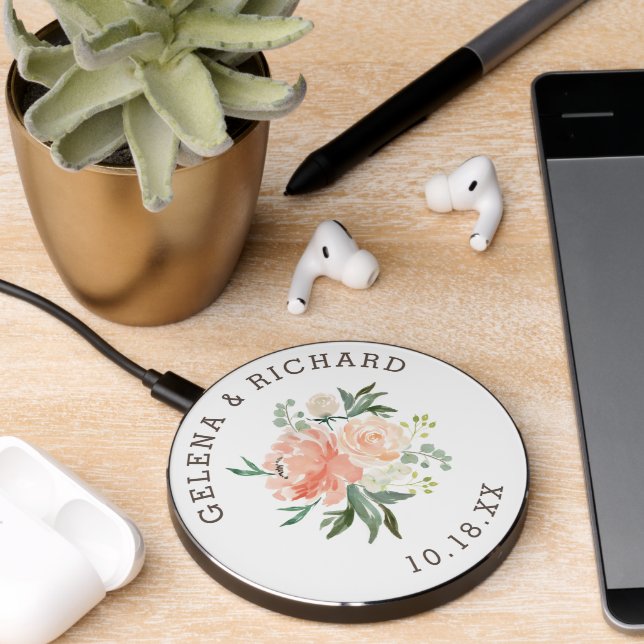 Blush Floral Bouquet Personalized Wireless Charger (Desk 2)