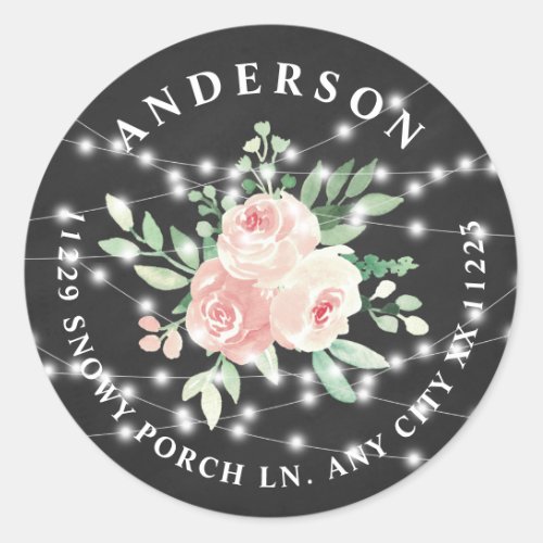 Blush Floral Bouquet String Lights return address Classic Round Sticker