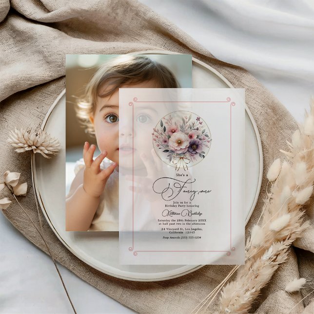 Blush Floral Bow "Fancy One" First Birthday Vellum Invitations (Blush Floral Bow "Fancy One" First Birthday Vellum Invitations)