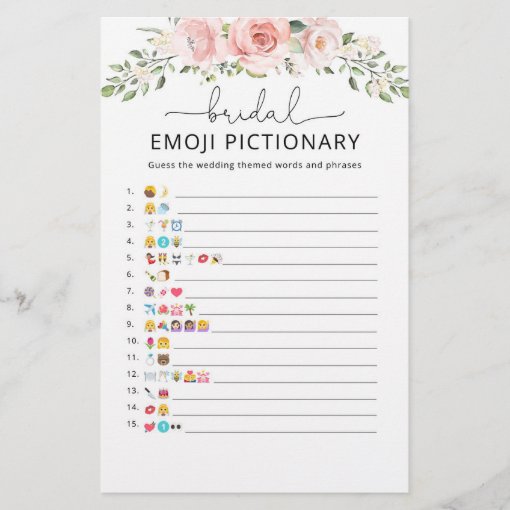 Blush floral bridal emoji pictionary game | Zazzle