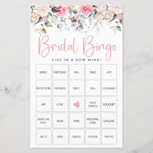 Blush Floral  Bridal Shower Bingo Game Card