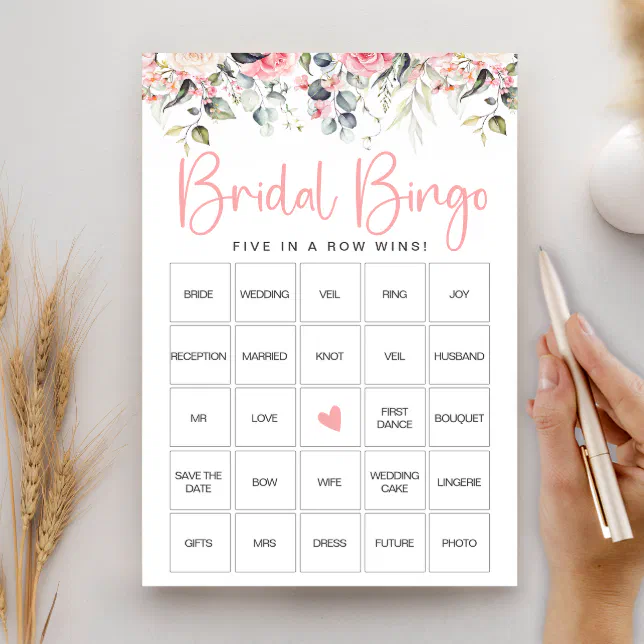 Blush Floral Bridal Shower Bingo Game Card | Zazzle