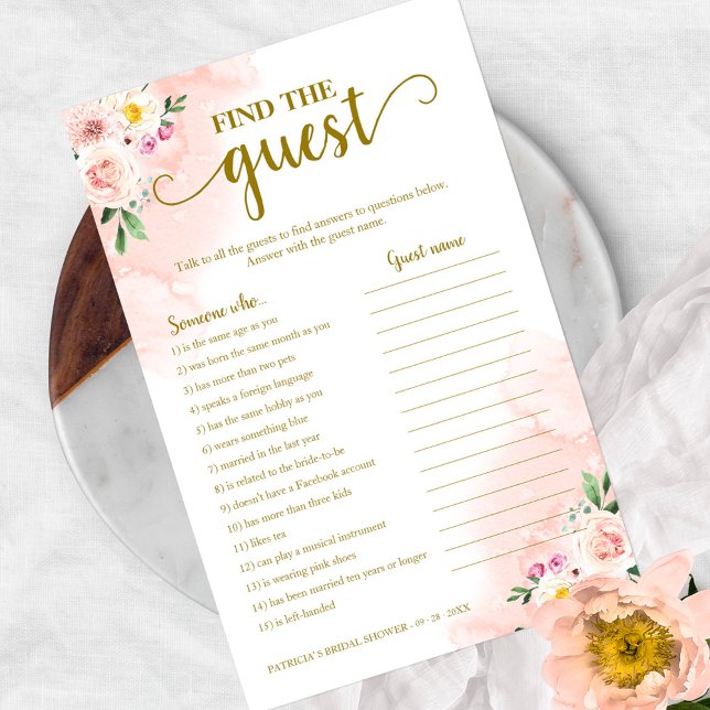 Blush Floral Bridal Shower Find The Guest Game Flyer (Creator Uploaded)