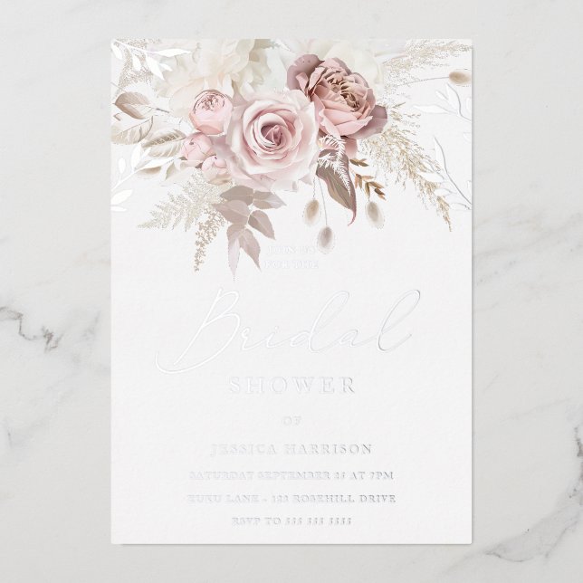 Blush Floral Bridal Shower Real Silver Foil Invitation (Front)