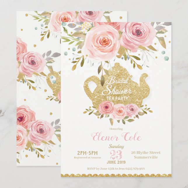 Blush Floral Bridal Shower Tea Party Invitation (Front/Back)