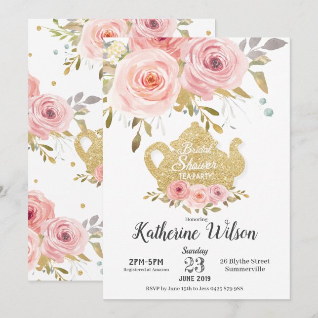 Blush Floral Bridal Shower Tea Party Invitation (Front/Back)