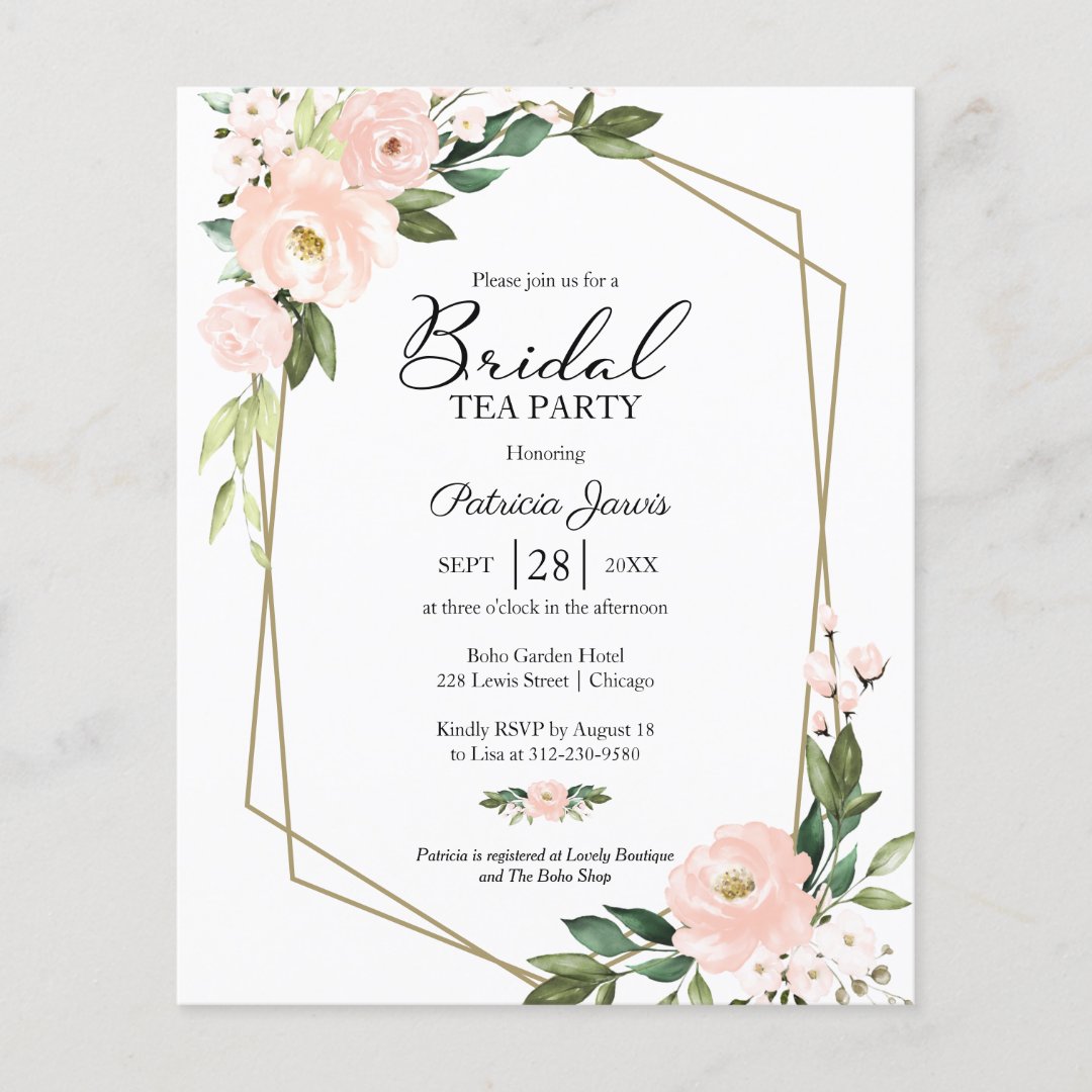 Blush Floral Bridal Tea Party Budget Invitation | Zazzle