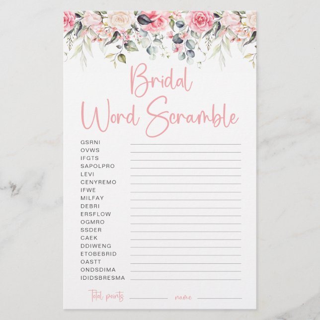Blush Floral | Bridal Word Scramble Game Card (Front)