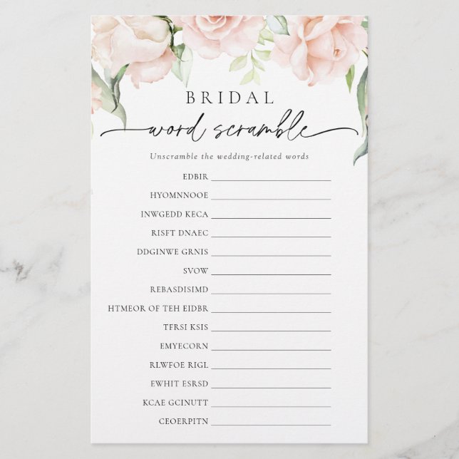 Blush Floral Bridal Word Scramble Shower Game (Front)