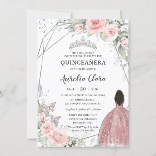 Blush Floral Brown Princess Butterfly Quinceaera Invitation