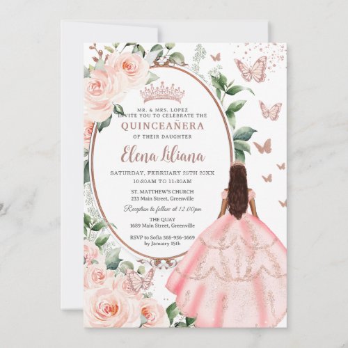Blush Floral Brown Princess Rose Gold Quinceaera  Invitation