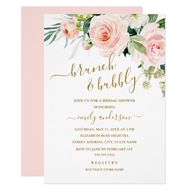 Blush Floral Brunch And Bubbly Bridal Shower Invitation