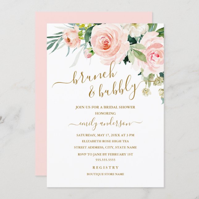 Blush Floral Brunch And Bubbly Bridal Shower Invitation (Front/Back)