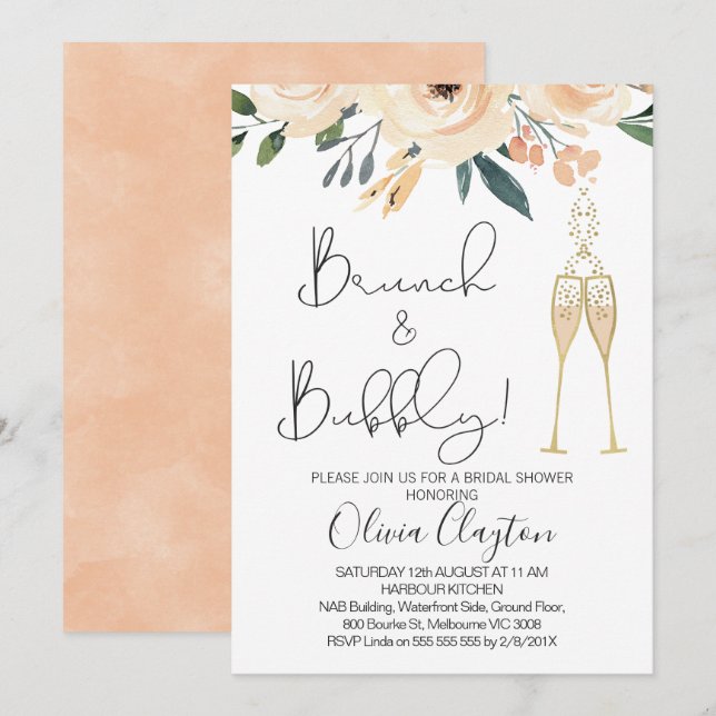 Blush Floral Brunch Bubbly Bridal Shower Invites (Front/Back)