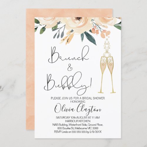 Blush Floral Brunch Bubbly Bridal Shower Invites