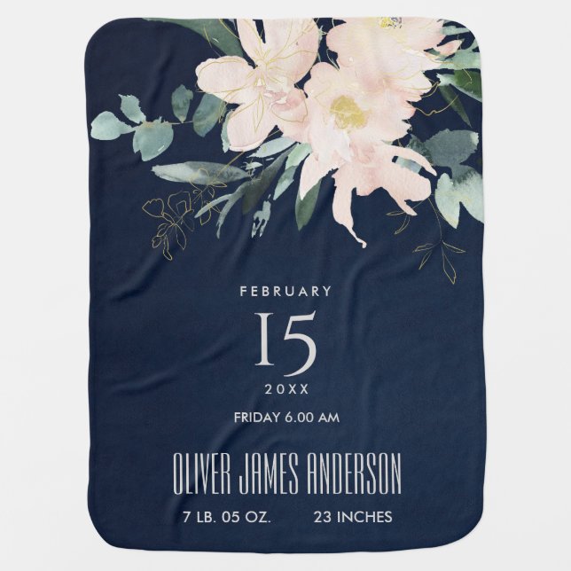 BLUSH FLORAL BUNCH WATERCOLOR BABY BIRTH STATS BLANKET (Front)