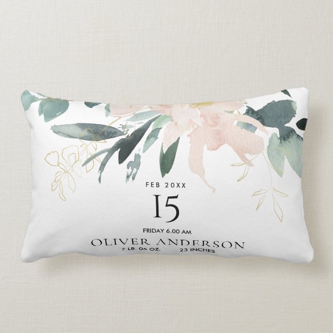 BLUSH FLORAL BUNCH WATERCOLOR BABY BIRTH STATS LUMBAR PILLOW