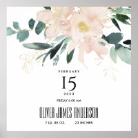 BLUSH FLORAL BUNCH WATERCOLOR BABY BIRTH STATS POSTER