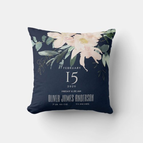 BLUSH FLORAL BUNCH WATERCOLOR BABY BIRTH STATS THROW PILLOW