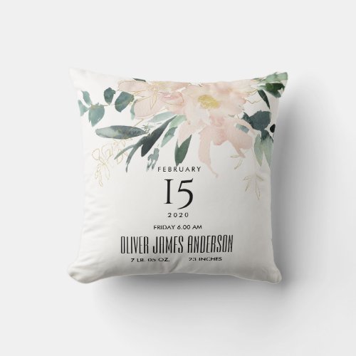 BLUSH FLORAL BUNCH WATERCOLOR BABY BIRTH STATS THROW PILLOW