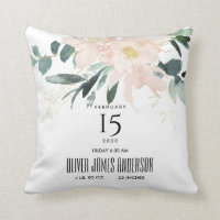 BLUSH FLORAL BUNCH WATERCOLOR BABY BIRTH STATS THROW PILLOW