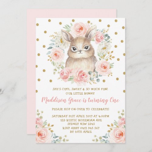 Blush Floral Bunny Rabbit 1st Birthday Pink Gold Invitation
