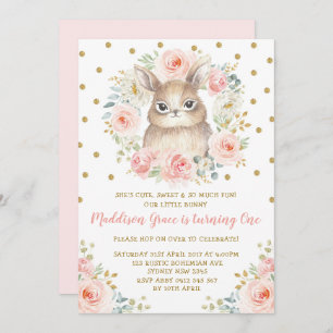 Blush Floral Bunny Rabbit 1st Birthday Pink Gold Invitation
