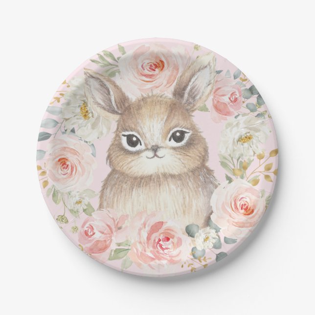 Blush Floral Bunny Rabbit Baby Shower Birthday Paper Plates (Front)