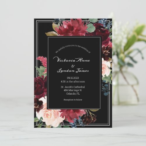 Blush Floral Burgundy Elegant Script Wedding Invitation