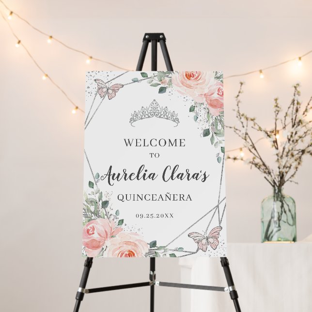 Blush Floral Butterflies Quinceanera Birthday Foam Board (In Situ (Stand))