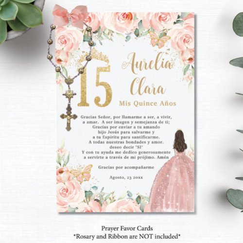 Blush Floral Butterflies Quinceaera Prayer Card