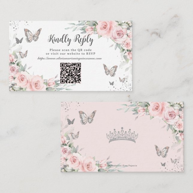Blush Floral Butterflies Quinceañera QR Code RSVP Enclosure Card (Front/Back)