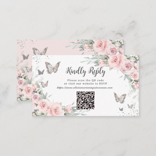 Blush Floral Butterflies Quinceaera QR Code RSVP Enclosure Card