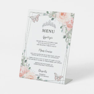 Blush Floral Butterflies Quinceañera Sweet 16 Menu Pedestal Sign