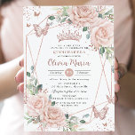 Blush Floral Butterflies Rose Gold Quinceañera  Invitation<br><div class="desc">Personalize this elegant blush pink floral Quinceañera / Sweet 16 birthday invitation card easily and quickly. Simply click the Edit Using Designs Tools button to further edit the texts, change fonts and fonts colors. Featuring soft watercolor blush pink roses, rose gold butterflies and a rose gold princess crown. Perfect for...</div>