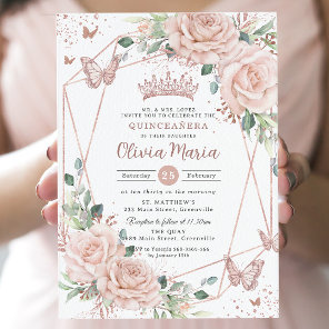 Blush Floral Butterflies Rose Gold Quinceañera  Invitation
