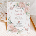 Blush Floral Butterflies Rose Gold Sweet Sixteen Invitation<br><div class="desc">Personalize this elegant blush pink floral Sweet 16 birthday invitation card easily and quickly. Simply click the Edit Using Designs Tools button to further edit the texts, change fonts and fonts colors. Featuring soft watercolor blush pink roses, rose gold butterflies and a modern rose gold geometric frame. Matching items available...</div>