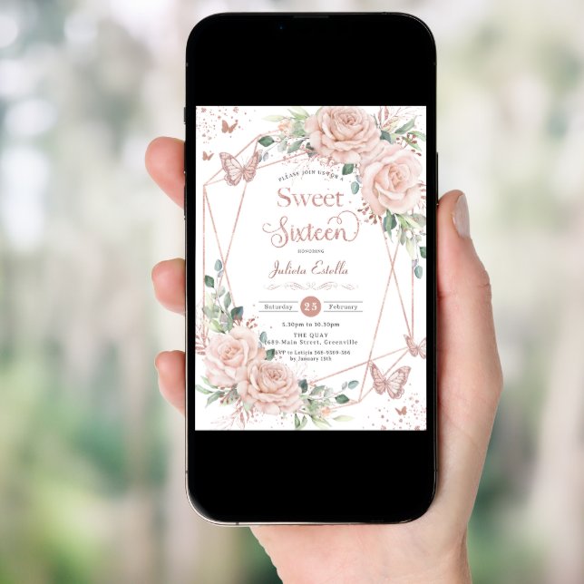 Blush Floral Butterflies Rose Gold Sweet Sixteen Invitation (Front Digital)