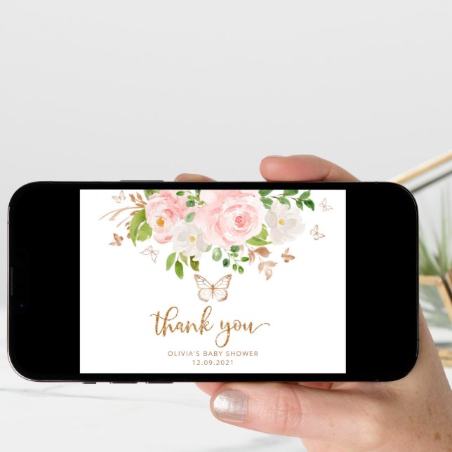 Blush floral butterfly baby shower thank you card (Front Digital)