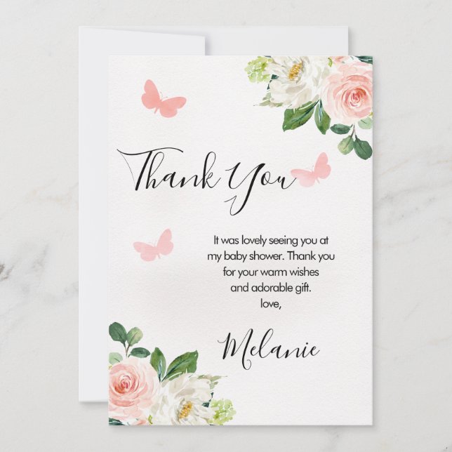 Blush Floral Butterfly Baby Shower Thank You Card (Front)