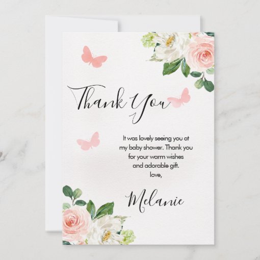 Blush Floral Butterfly Baby Shower Thank You Card | Zazzle