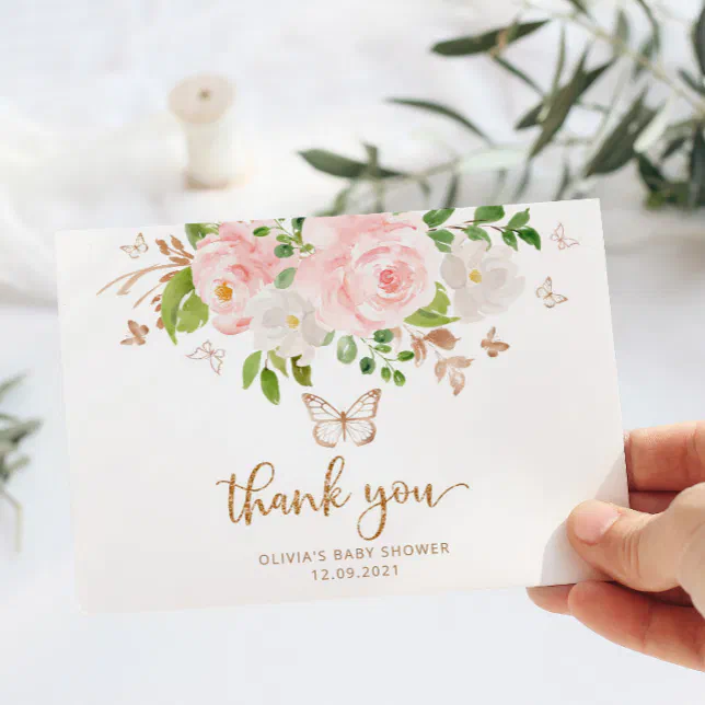 Blush floral butterfly baby shower thank you card Zazzle