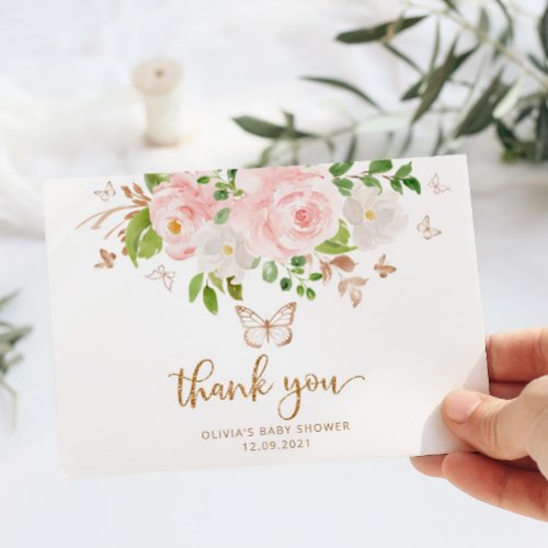 Blush floral butterfly baby shower thank you card