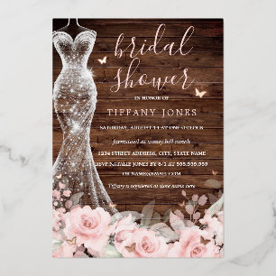 Blush Floral Butterfly Dress Rustic Bridal Shower  Foil Invitation