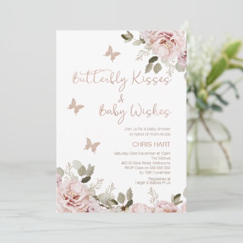 Blush Floral Butterfly Kisses Baby Shower  Invitation