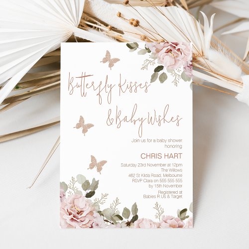 Blush Floral Butterfly Kisses Baby Shower  Invitation